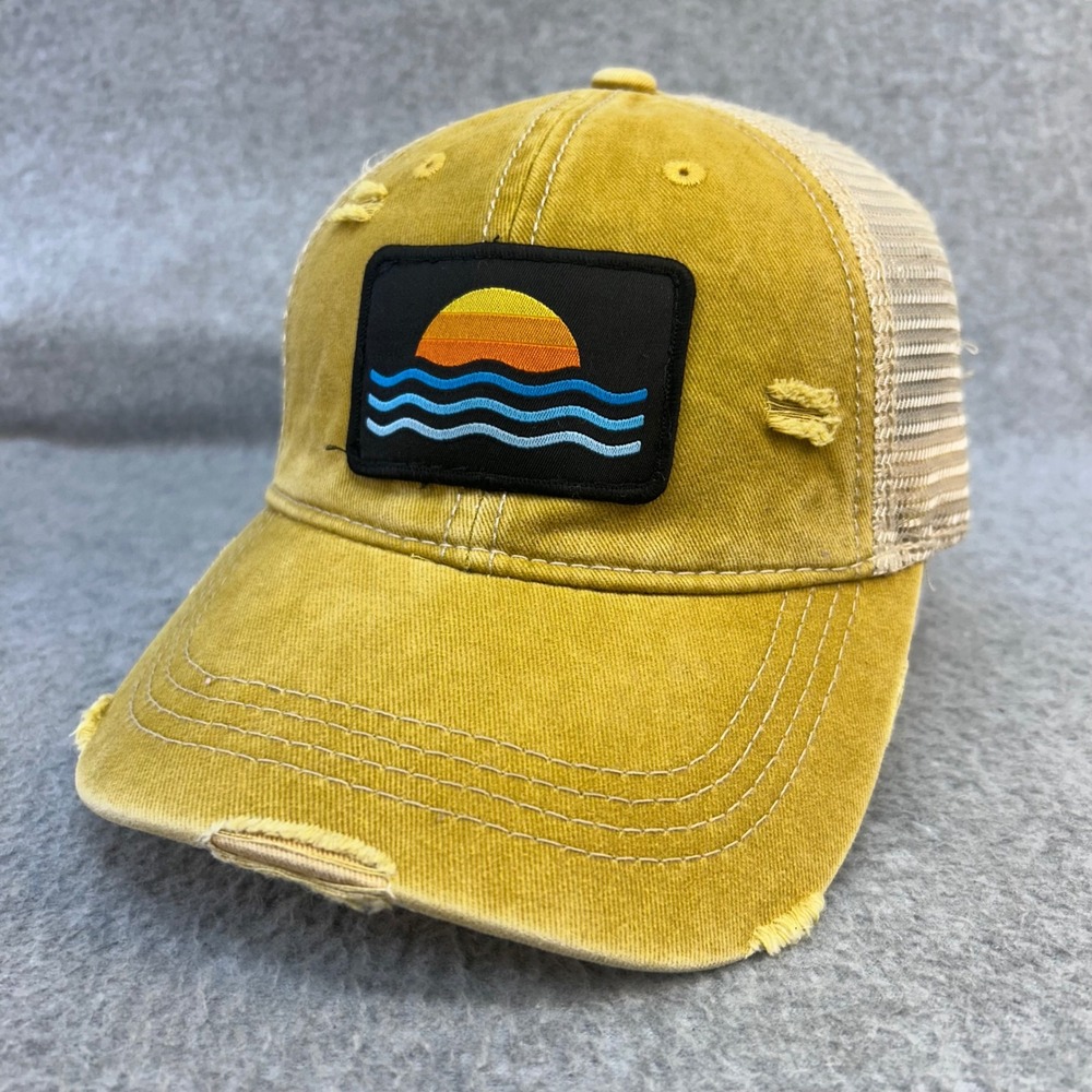 Sunset Waves Patch Womens Yellow C.C Trucker Hat Distressed Ponytail Cap OSFM